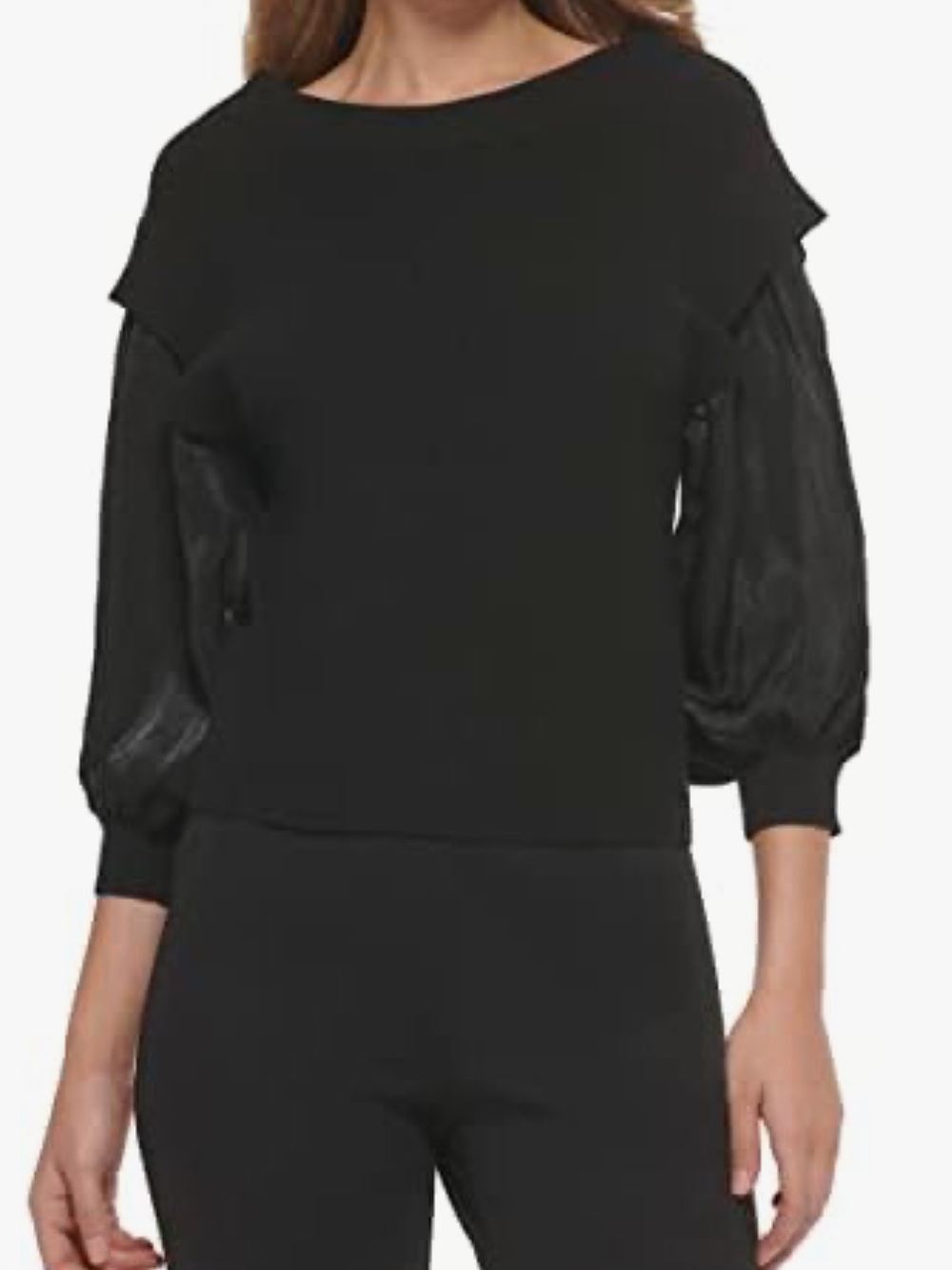 Women’s Black Puff-Sleeve Sweater mixed media Dkny blouse.